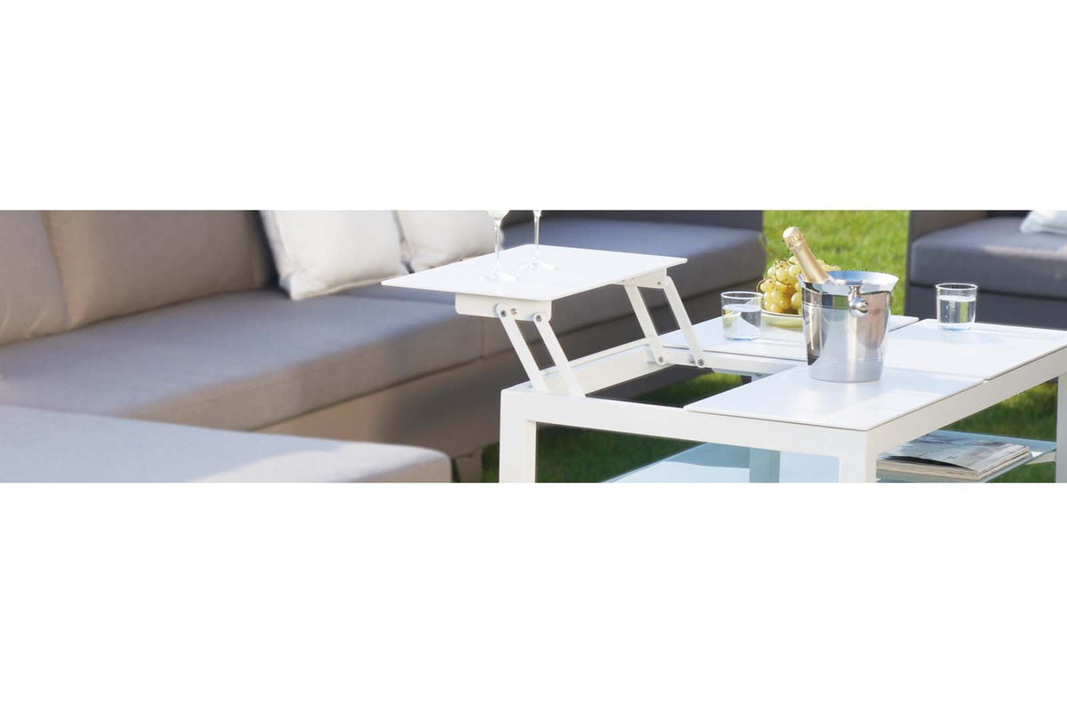 Jelly white aluminum patio set with lift-top coffee table raised – close-up detail (2)