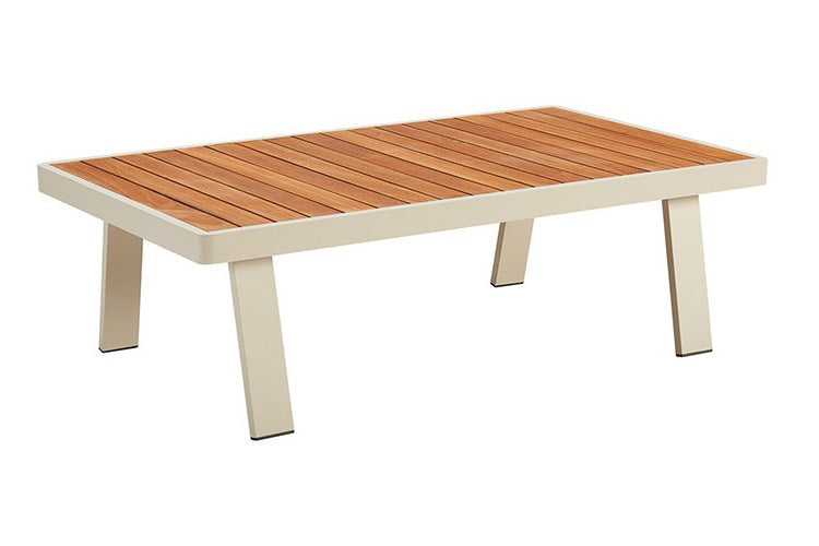Coffee table from the Noffy Cosy beige aluminum and teak corner sofa – another view