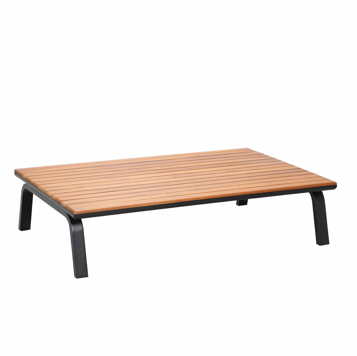 Coffee table from the Punto low-profile black aluminum sectional with hand-woven black rope back – another view
