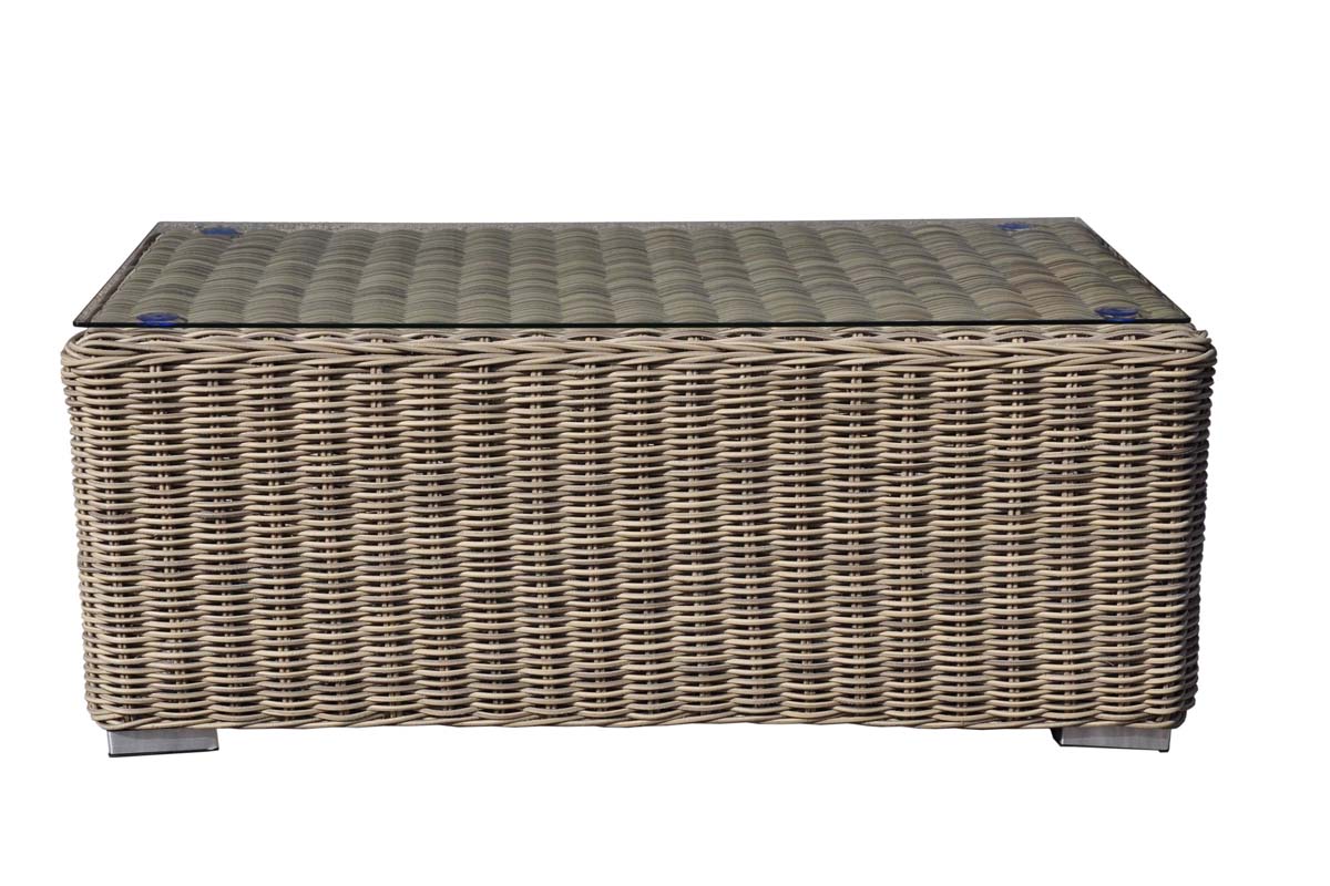 Coffee table from the Tara resin wicker loveseat patio set with dark gray cushions and glass table – another view