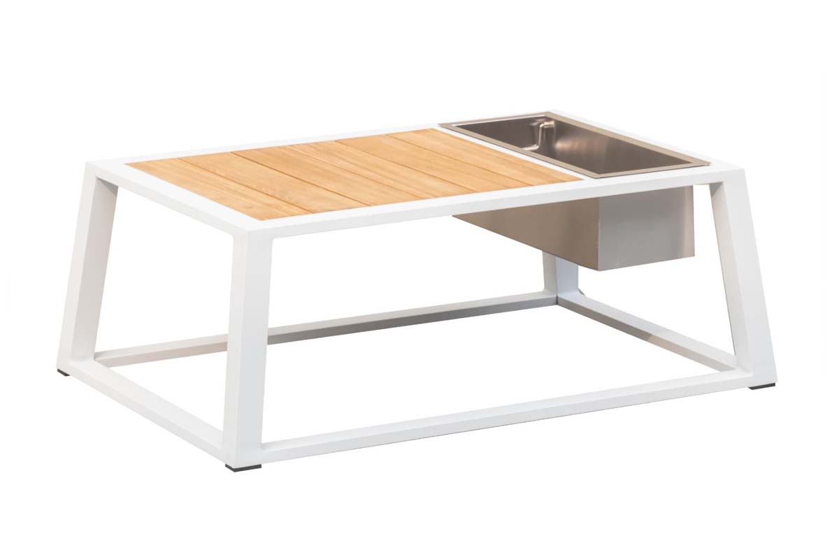 York aluminum and teak patio set with ice bucket coffee table and ecru cushions