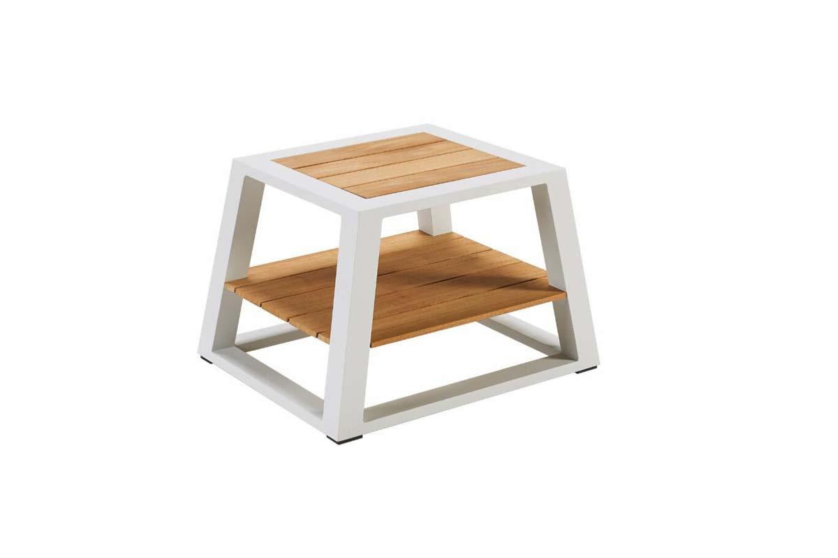 York white aluminum and teak chaise lounges, set of 2, black cushions