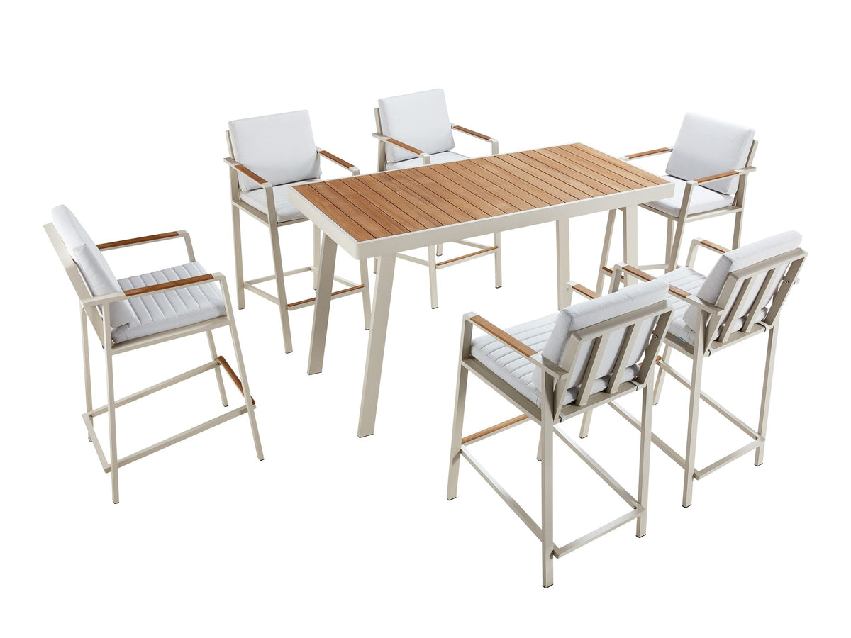 Noffy beige aluminum and teak bar-height patio set for six