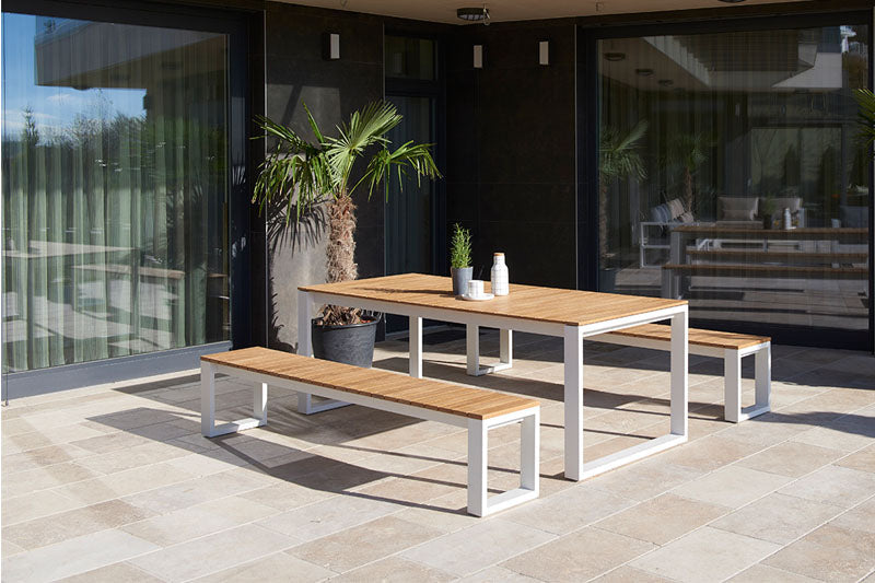Como white aluminum and teak outdoor dining bench – shown outdoors (3)