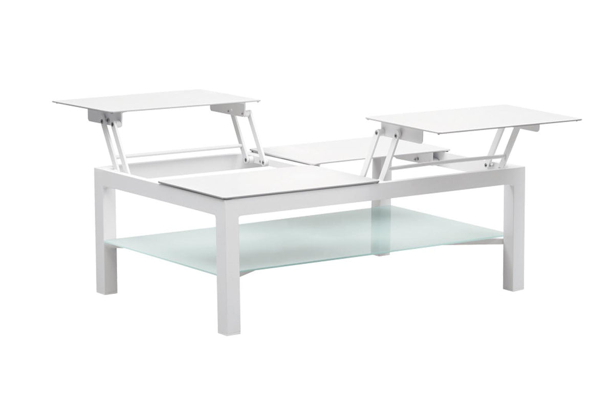 Jelly white aluminum patio set with lift-top coffee table raised – another view