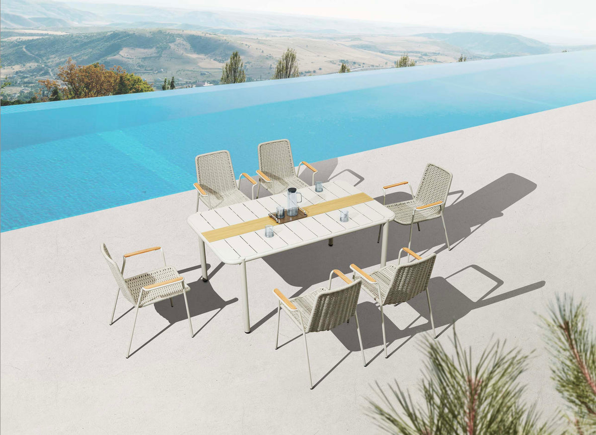 Sarran beige aluminum restaurant table for six, 175 cm – shown outdoors (5)