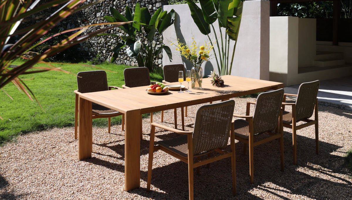 Paula solid teak slatted outdoor dining table for eight – shown outdoors (5)