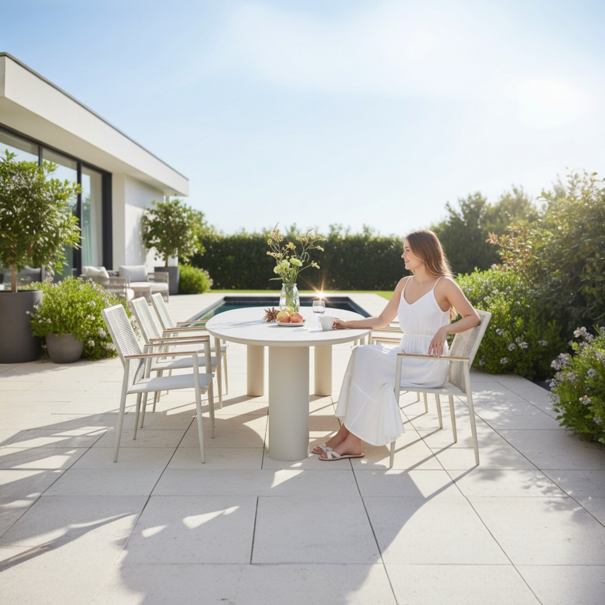 Lyse round ceramic outdoor dining table with three legs – shown outdoors (2)