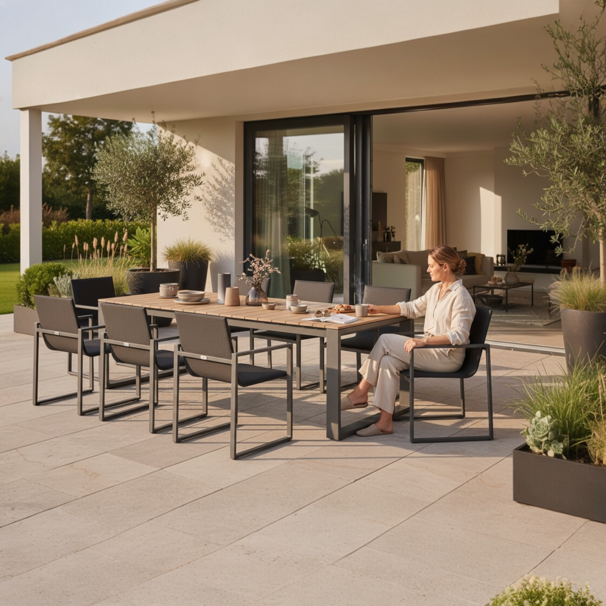 Como black aluminum and teak outdoor dining table, 240 cm – shown outdoors