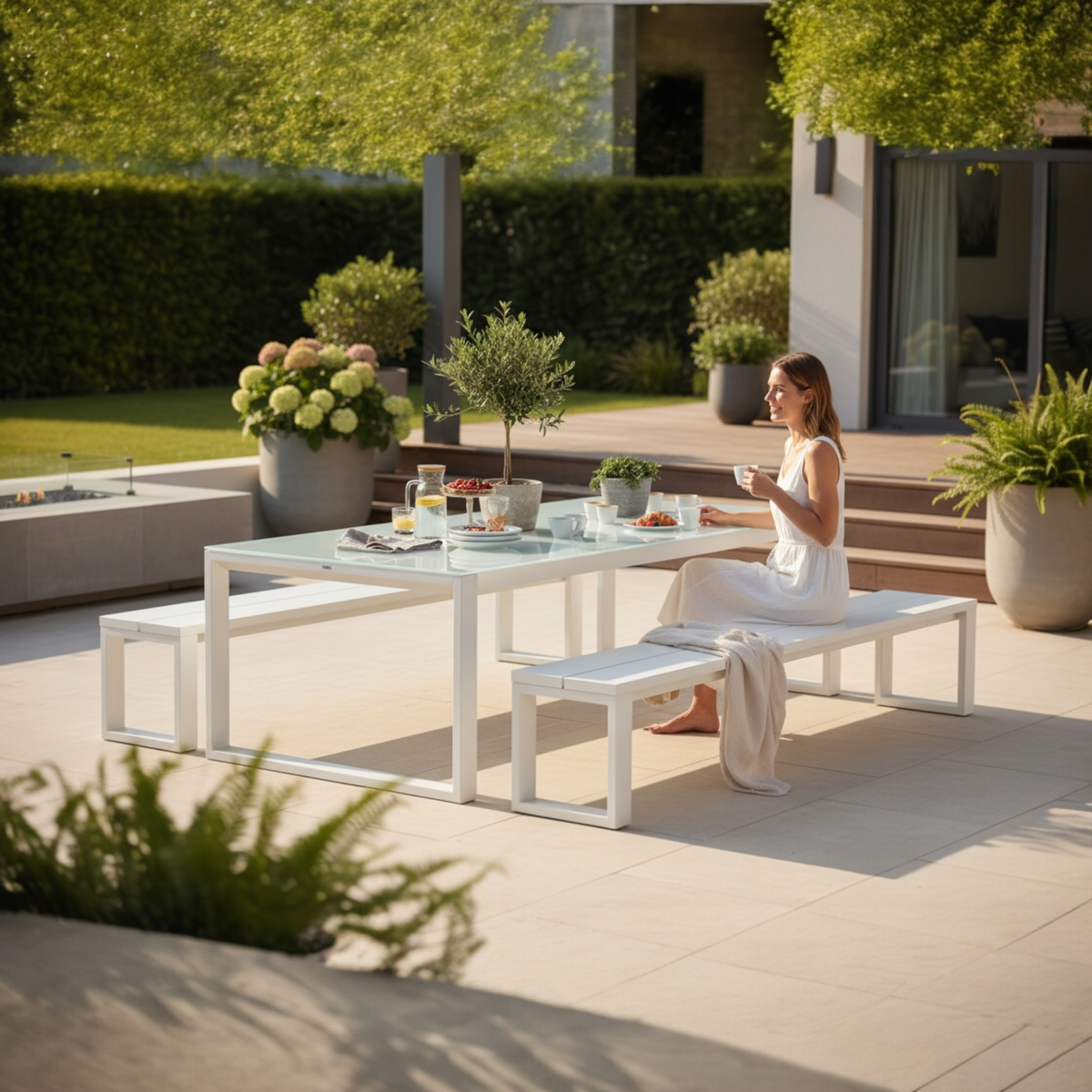 Como white aluminum glass-top outdoor dining table, 240 cm – shown outdoors