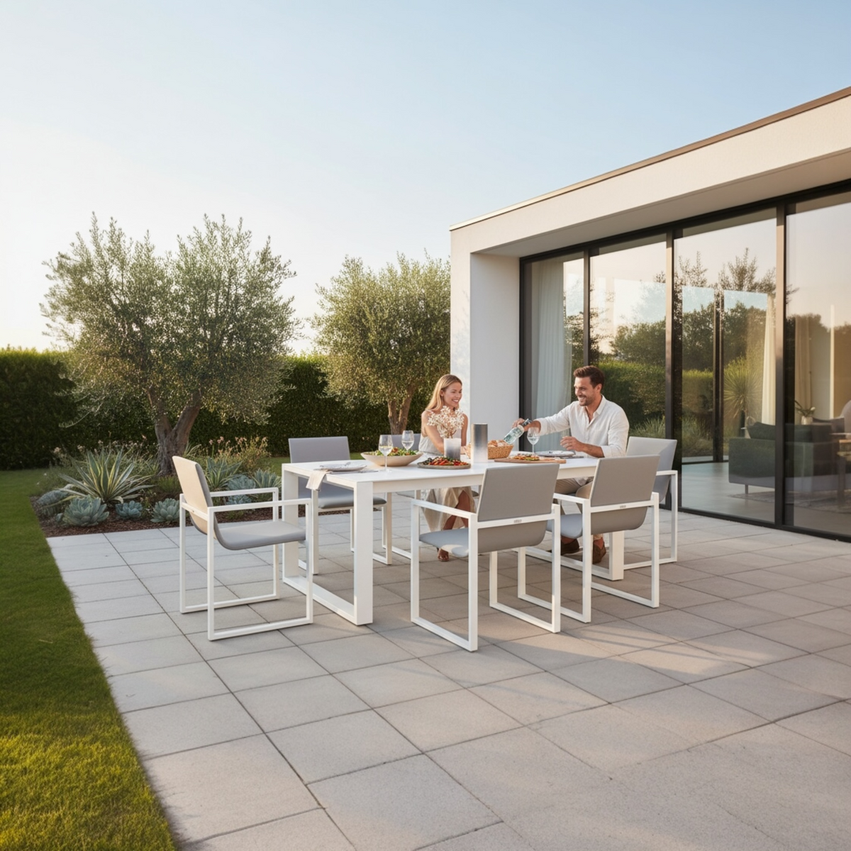 Como white aluminum ceramic-top outdoor dining table – shown outdoors (2)