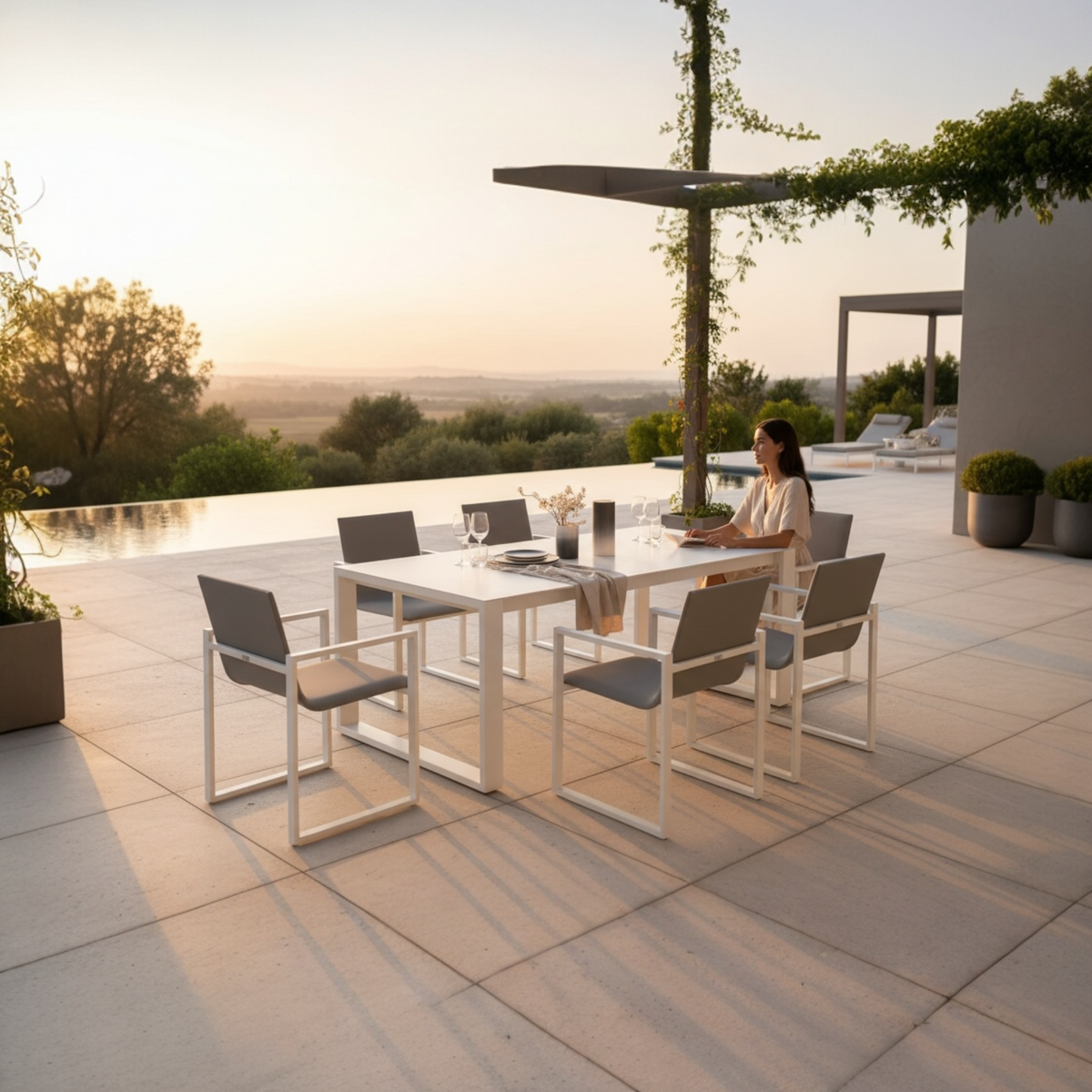 Como white aluminum ceramic-top outdoor dining table – shown outdoors (4)