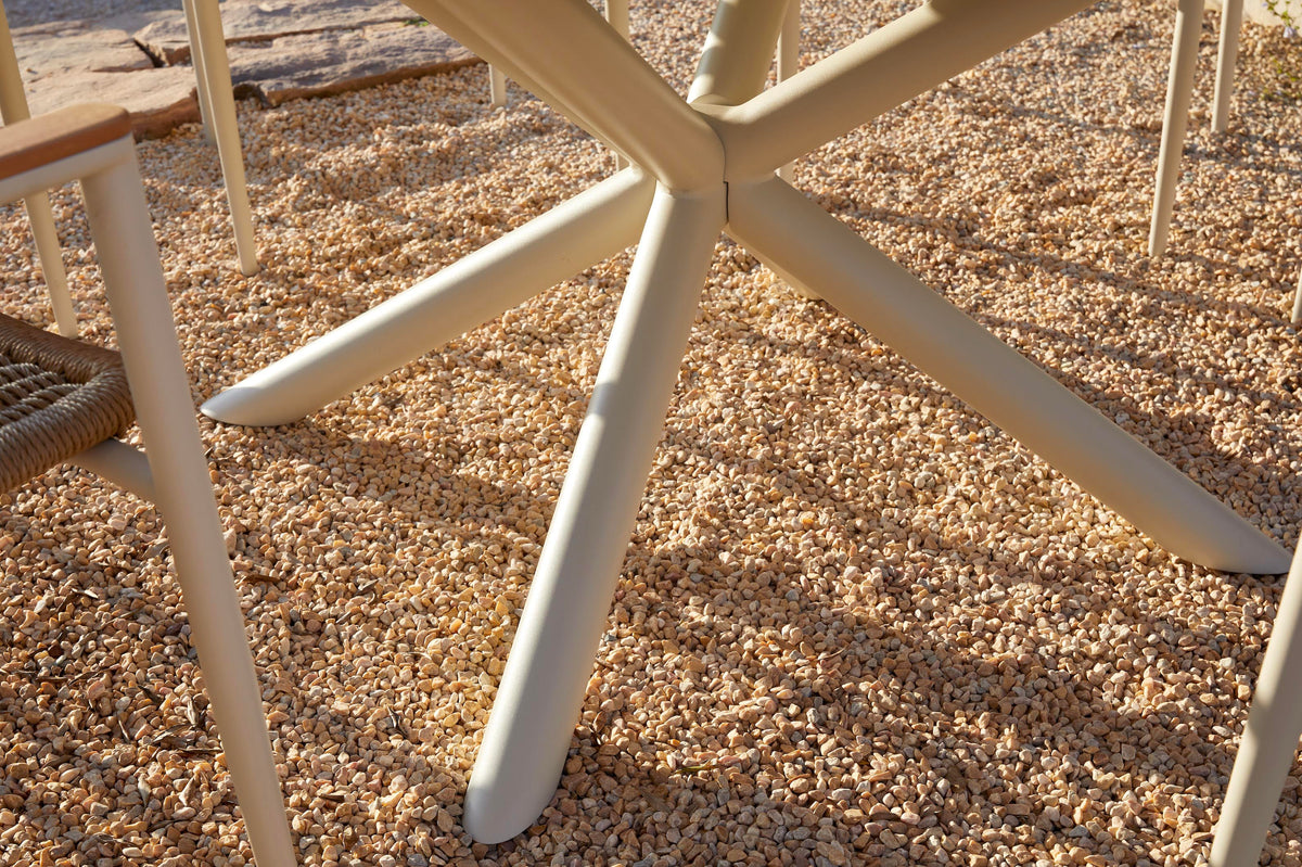 Ariel round teak outdoor dining table with rotating ceramic center – close-up detail