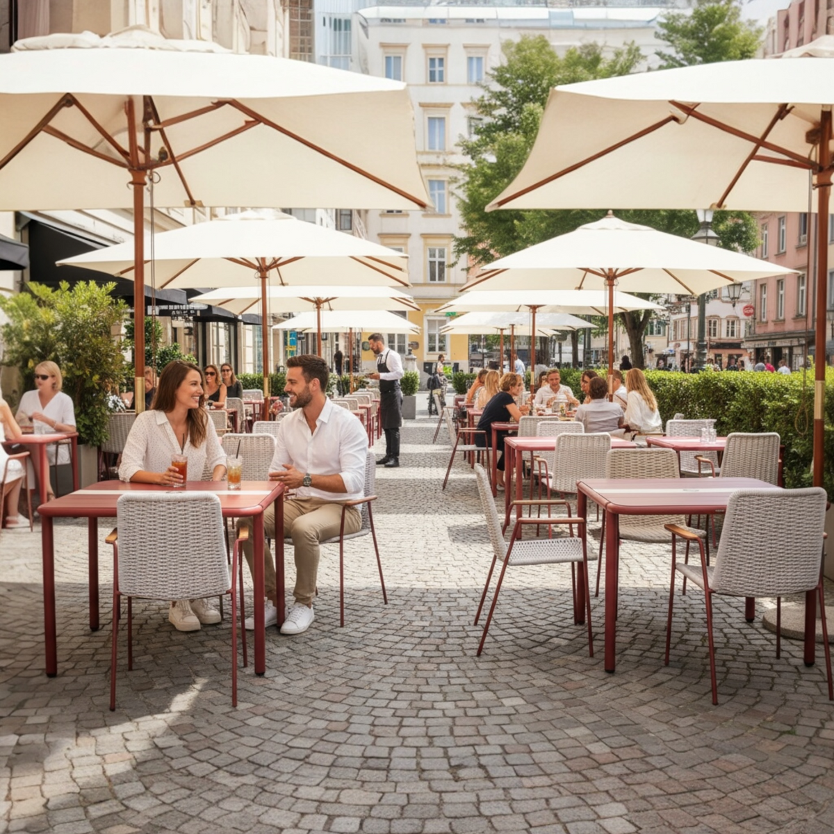 Sarran red square aluminum restaurant table – shown outdoors (3)