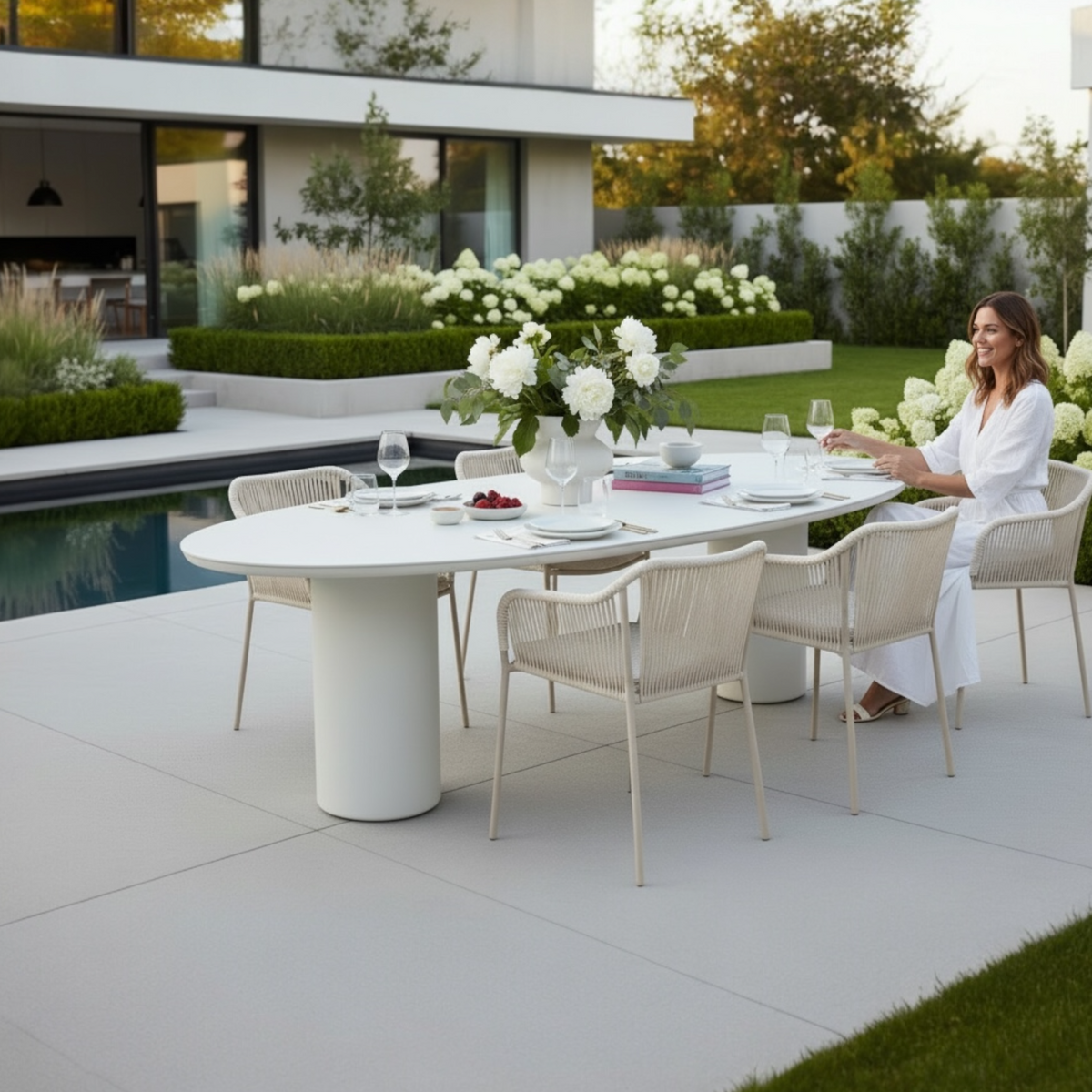 Nino glossy ceramic oval outdoor dining table – shown outdoors (5)