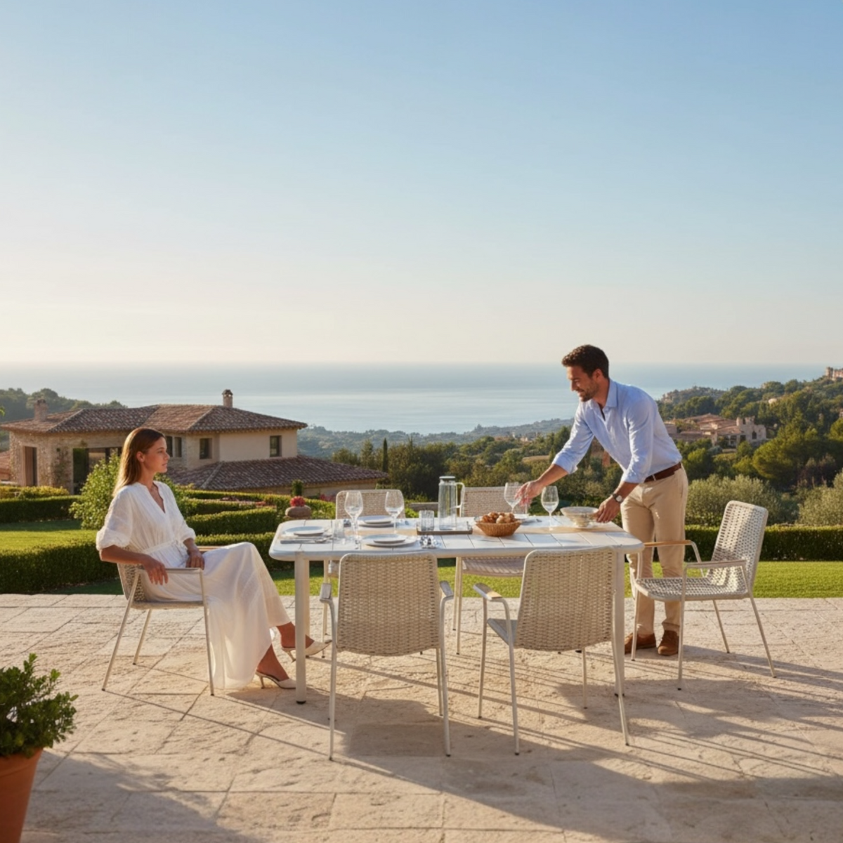 Sarran beige aluminum restaurant table for six, 175 cm – shown outdoors