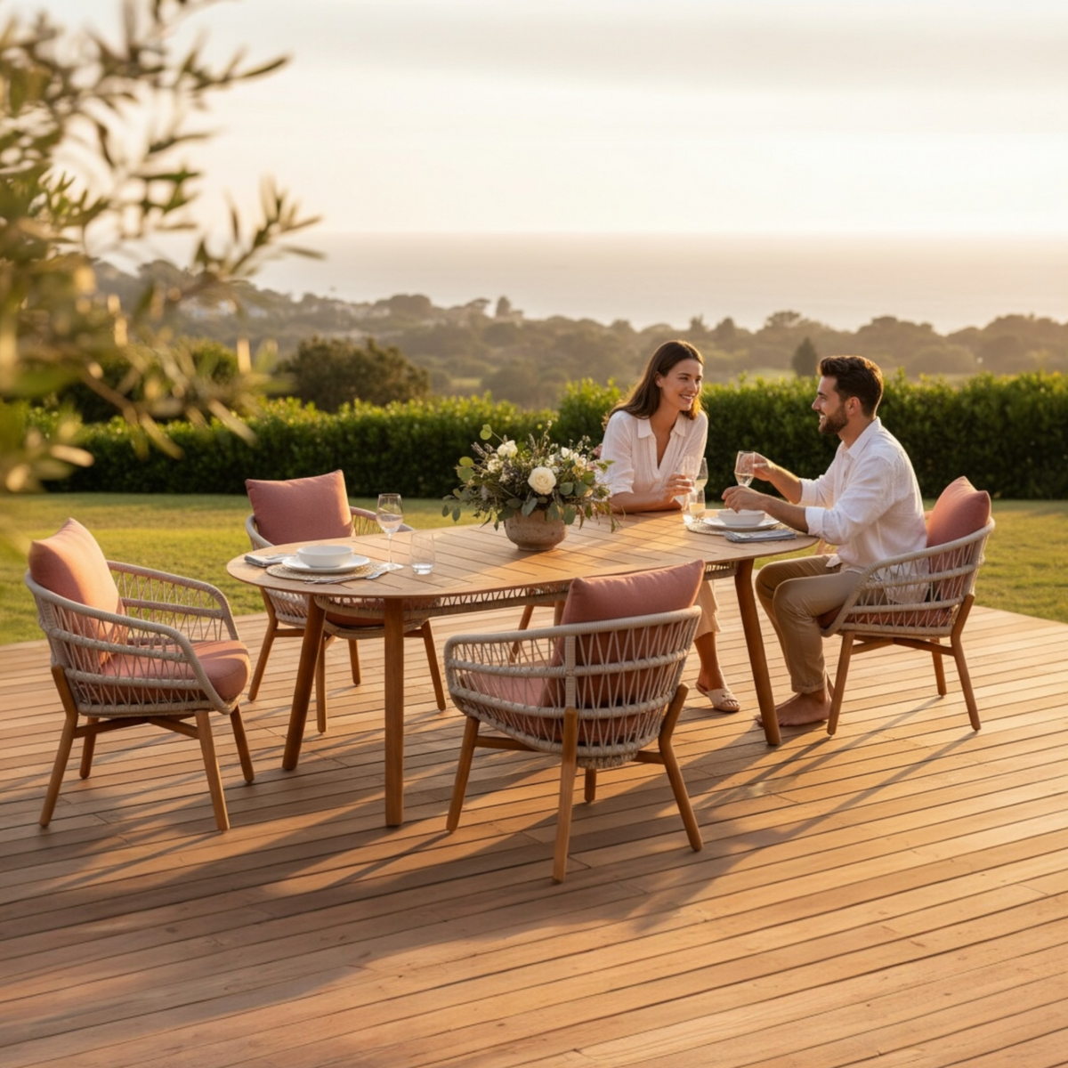 Rose teak and rope dining set with powder pink cushions – shown outdoors (3)
