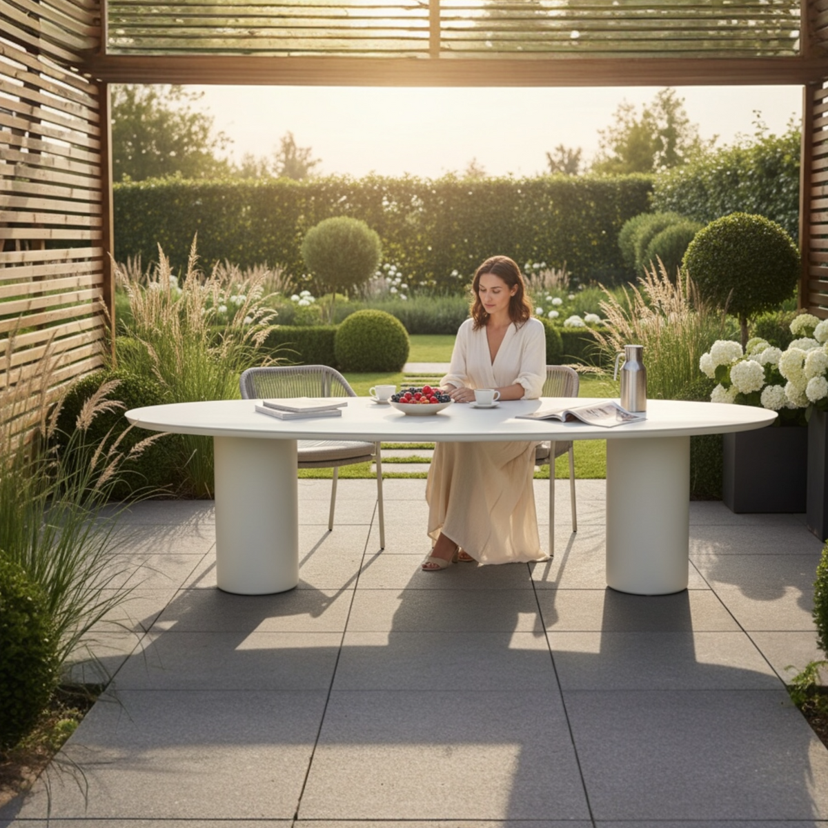 Nino glossy ceramic oval outdoor dining table – shown outdoors (4)