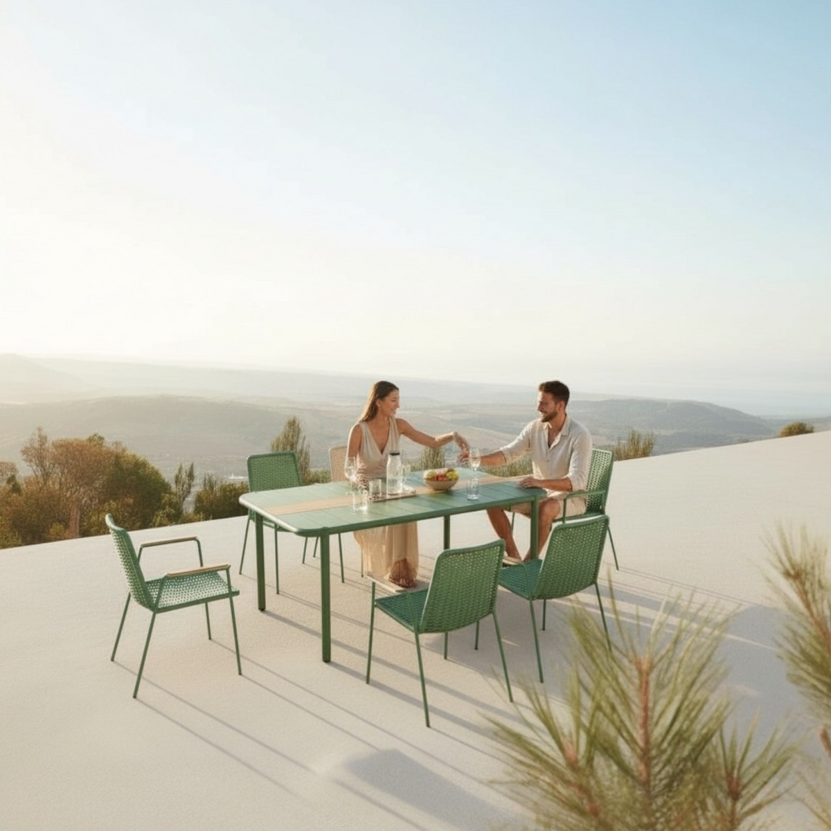 Sarran green aluminum restaurant table for six, 175 cm – shown outdoors