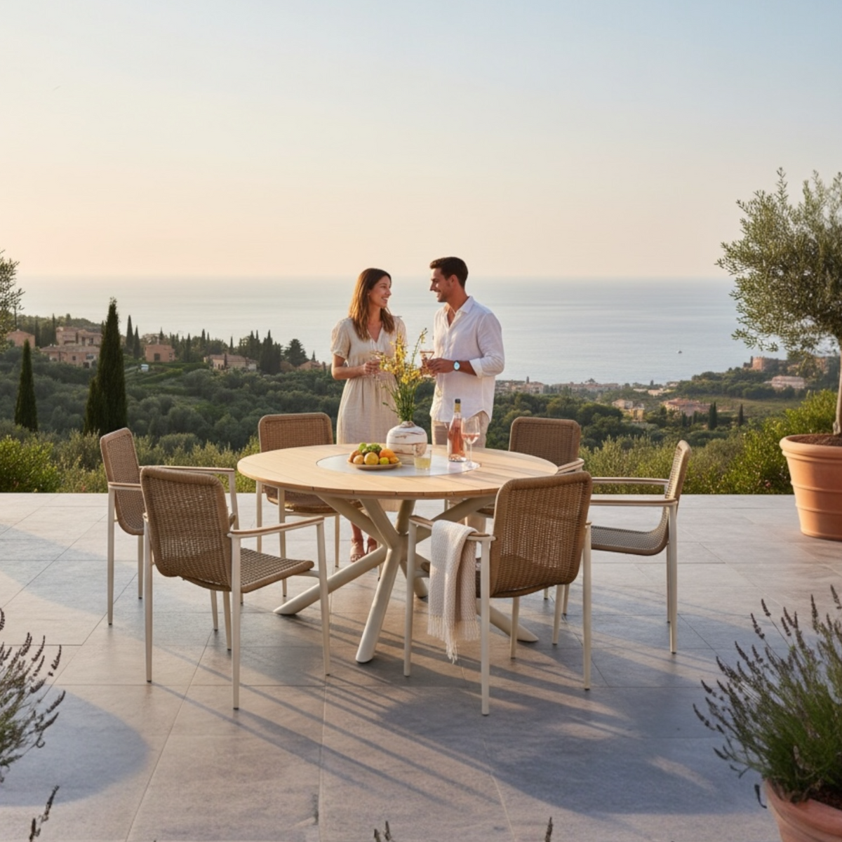 Ariel round teak outdoor dining table with rotating ceramic center – shown outdoors
