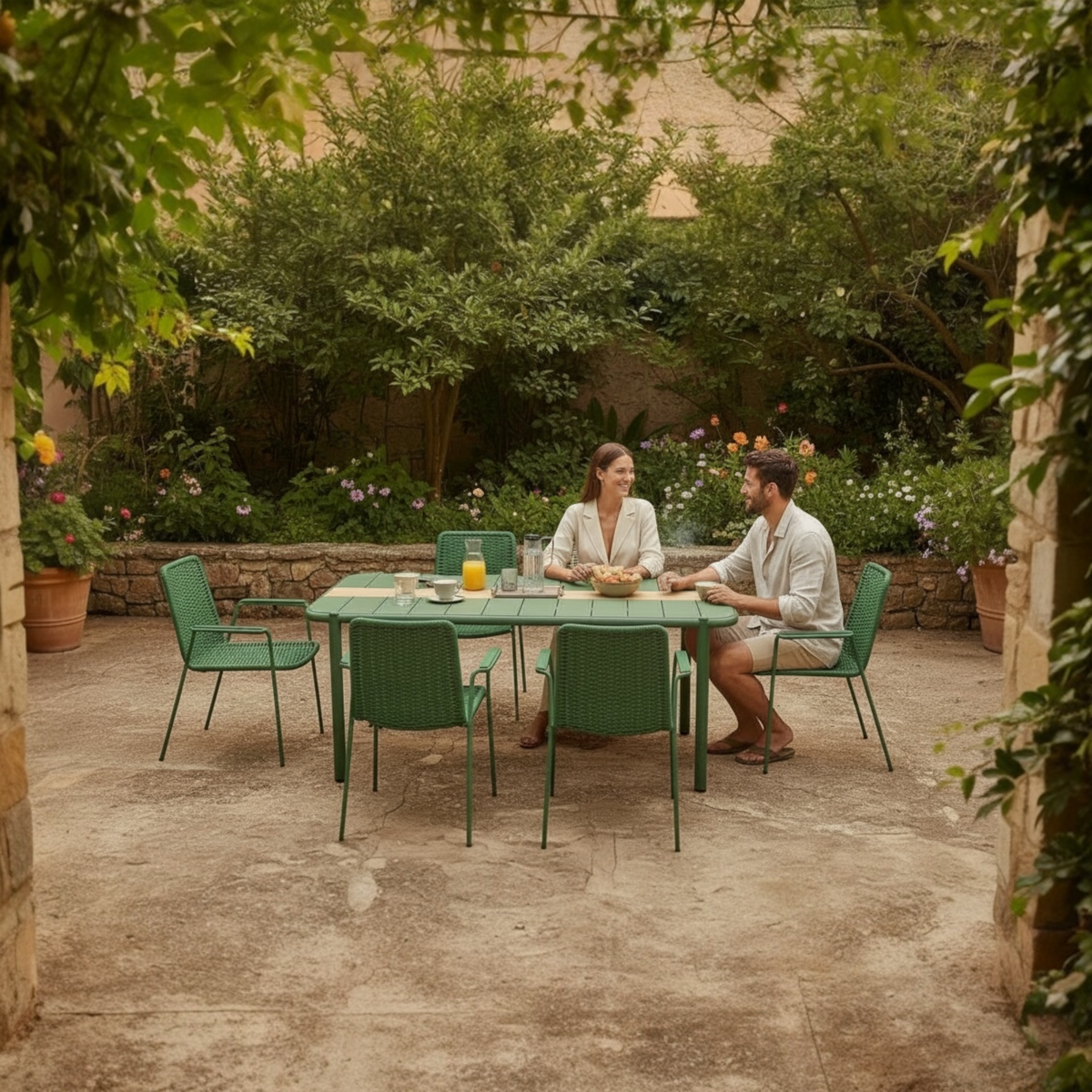 Sarran green aluminum restaurant table for six, 175 cm – shown outdoors (3)