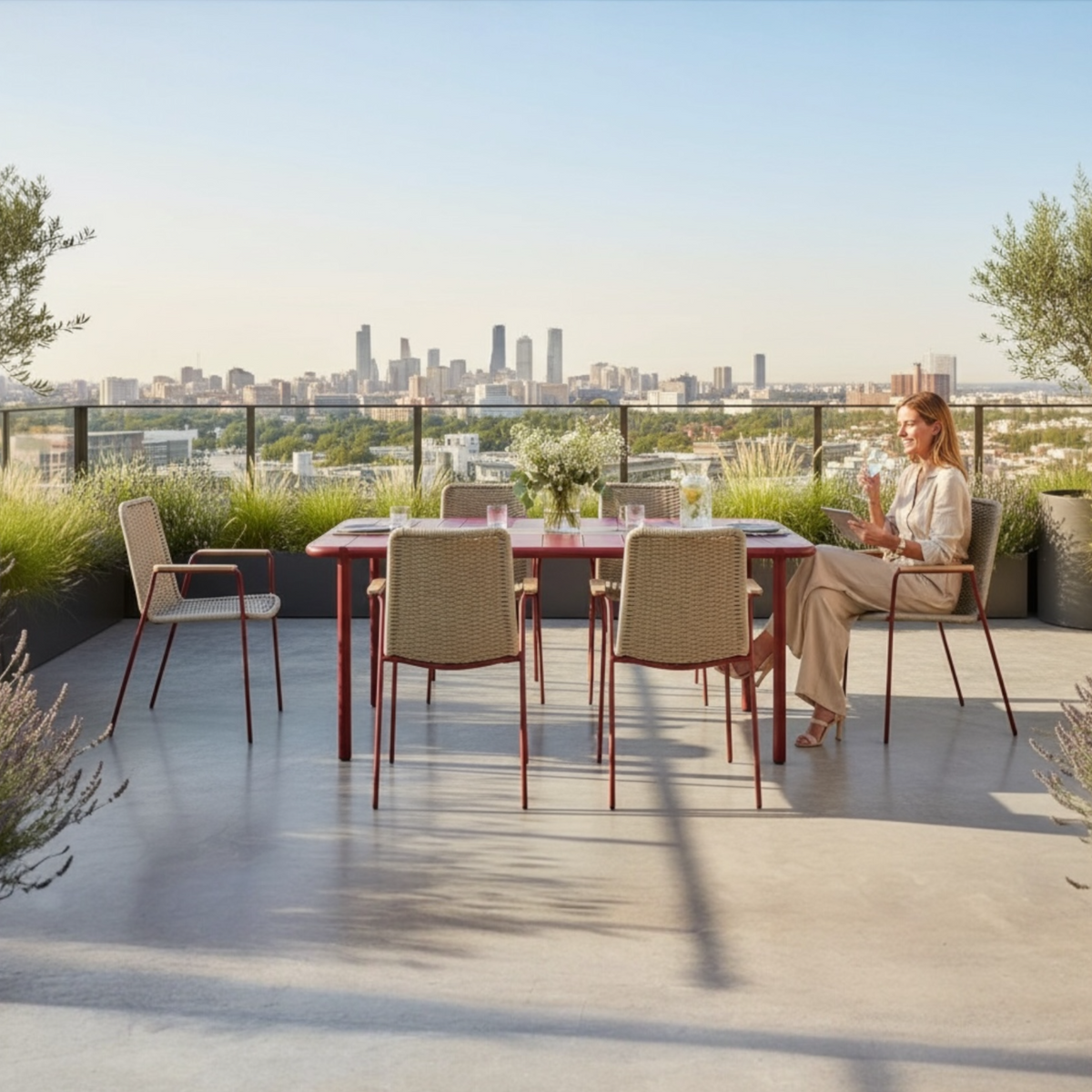 Sarran red aluminum restaurant table for six, 175 cm – shown outdoors (2)