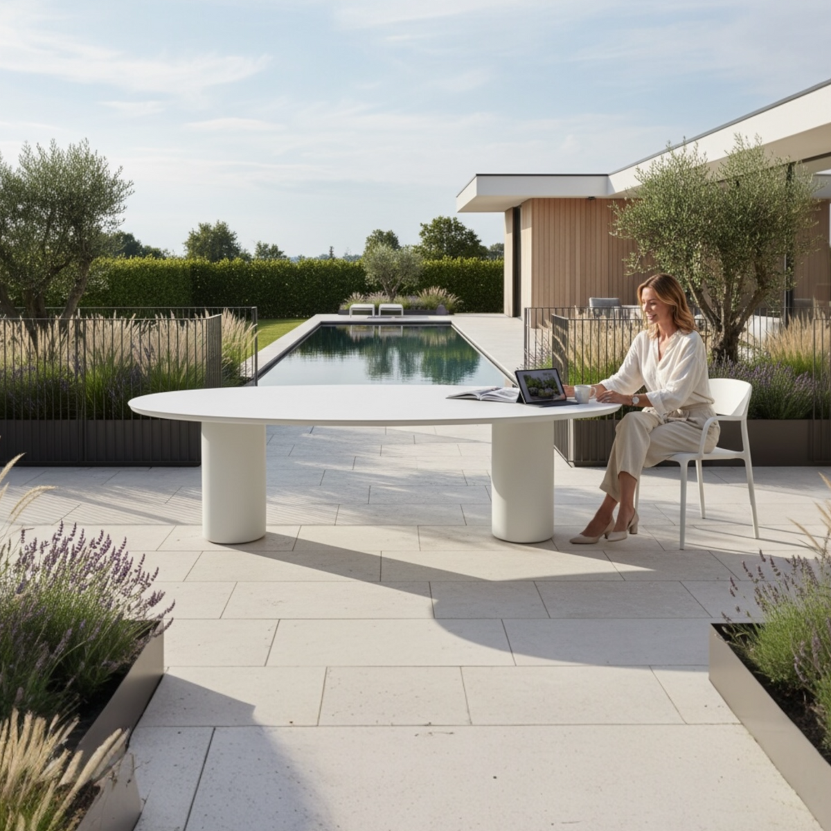 Nino glossy ceramic oval outdoor dining table – shown outdoors (3)