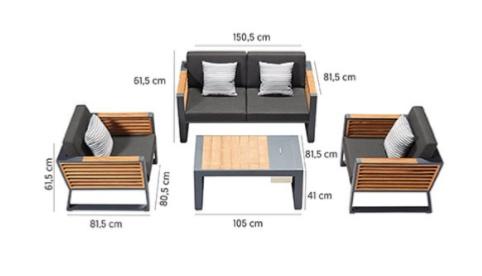 Cofy Mini black aluminum loveseat patio set with teak cooler coffee table – dimensions diagram