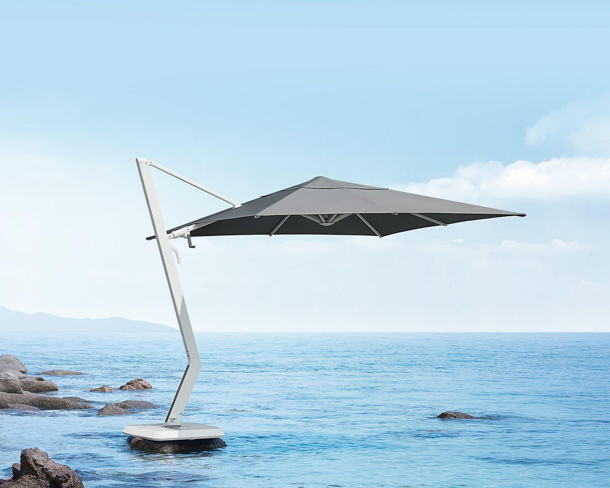 Aily white aluminum 3 x 3 m cantilever umbrella – shown outdoors (4)