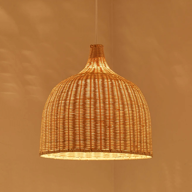 Faceted Chinese lantern-style wicker-look lamp shade – shown lit