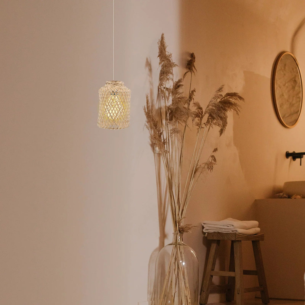 Retro woven wicker-look lantern lamp shade – shown in a room setting