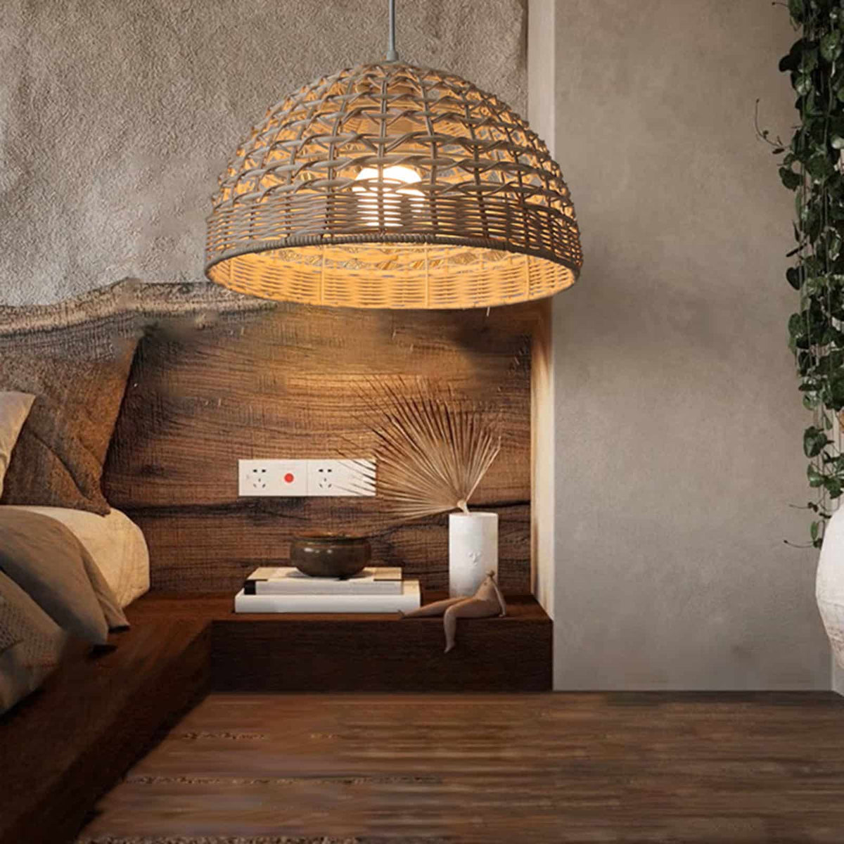 Ovoid handwoven rattan and wicker pendant shade – shown lit in a room setting (2)