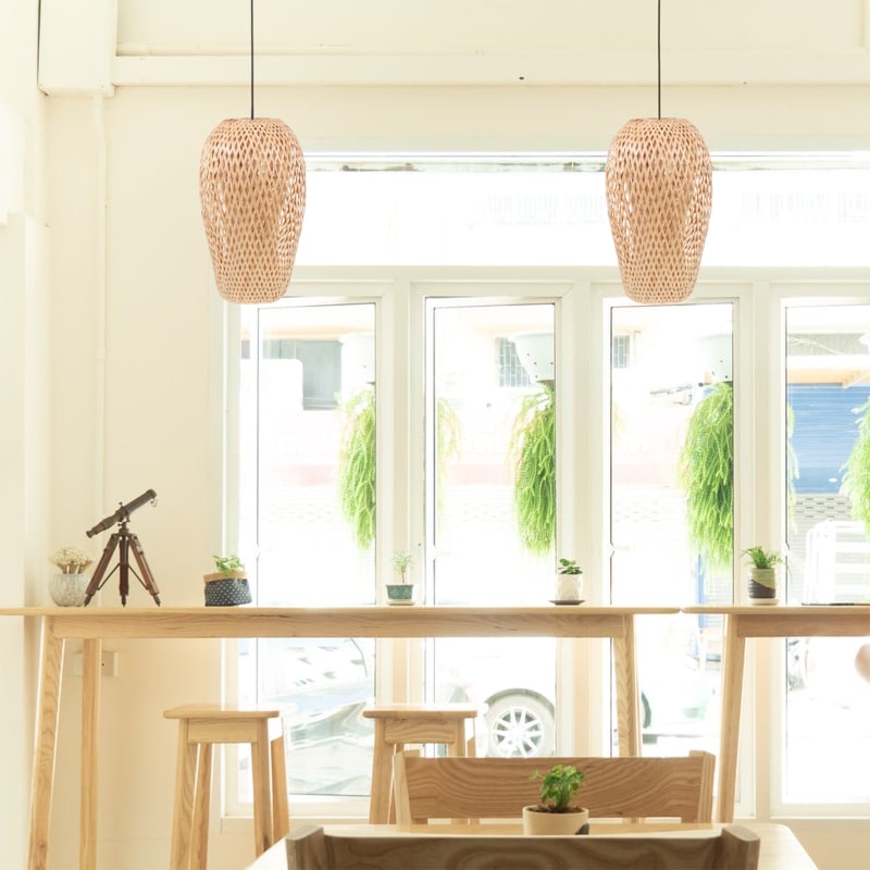 Handwoven natural rattan lantern lamp shade – shown in a room setting