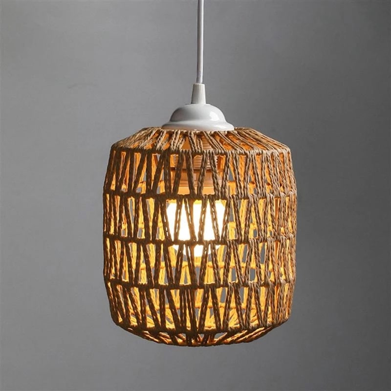 Small handmade natural rattan lamp shade – shown lit