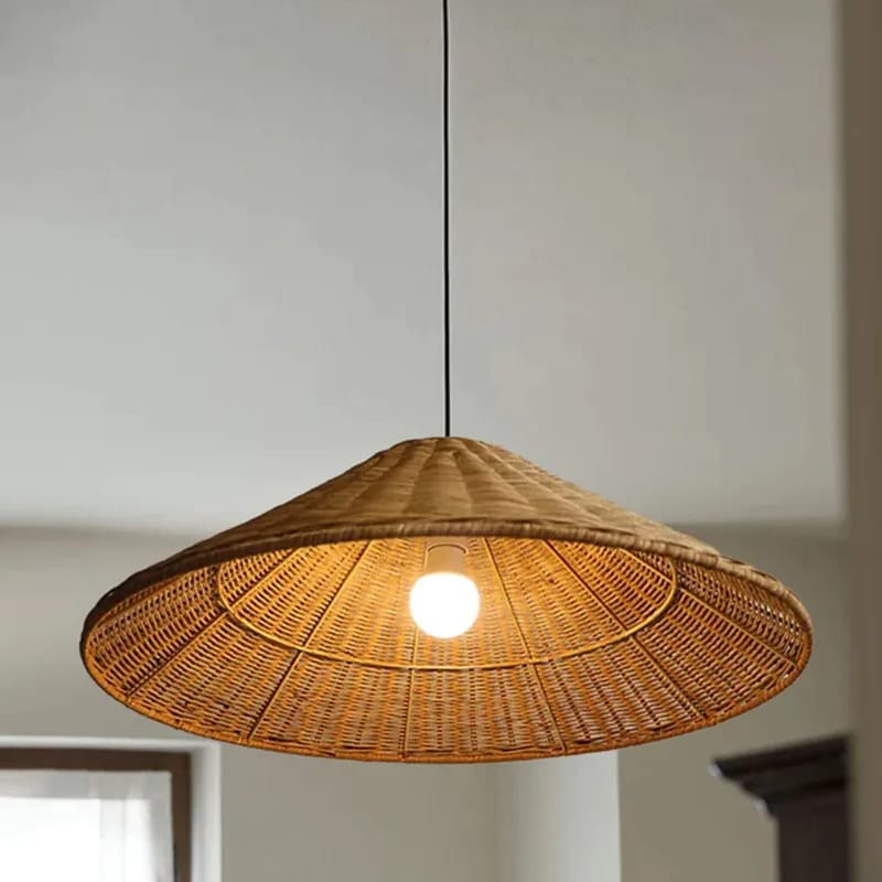 Flared handwoven wicker hat lamp shade – shown lit