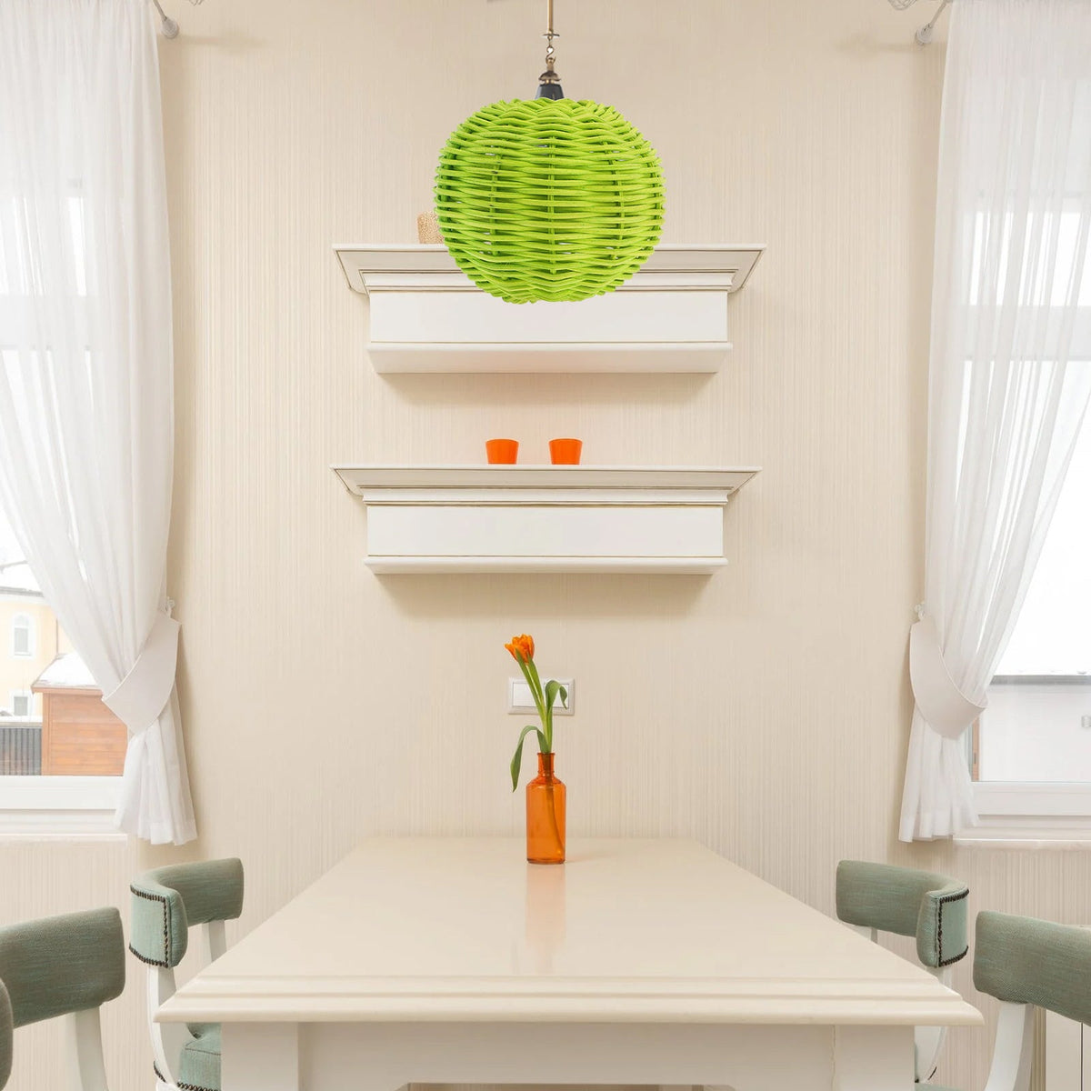 Clip-on rattan lamp shade with a wicker clip – green version, shown in a room setting