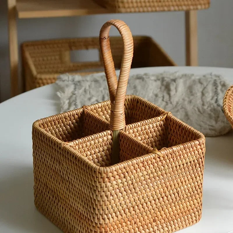 Handwoven square natural rattan basket in beige – shown in a room setting