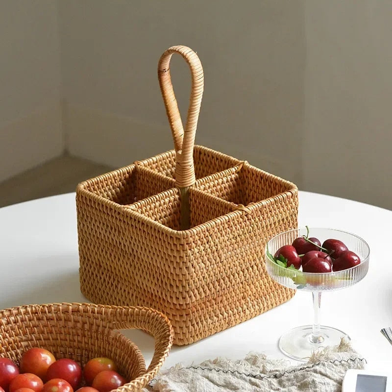 Handwoven square natural rattan basket in beige – shown in a room setting (2)