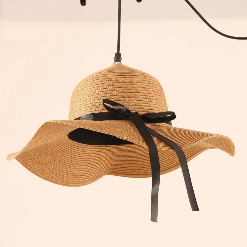 Handwoven natural beige rattan hat ceiling light
