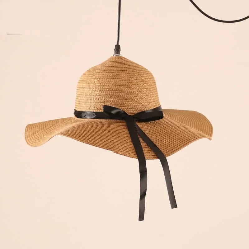 Handwoven natural beige rattan hat ceiling light – another view