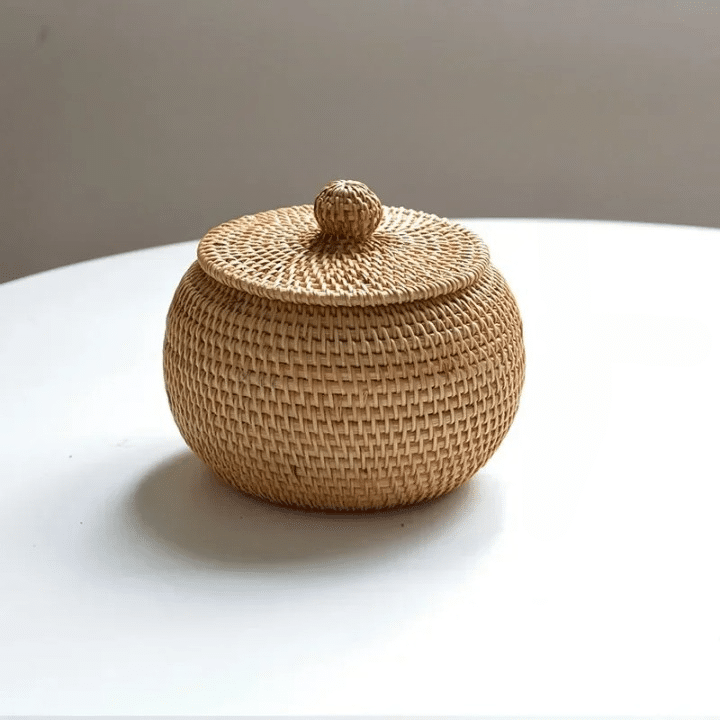 Decorative rattan picnic box basket in golden beige