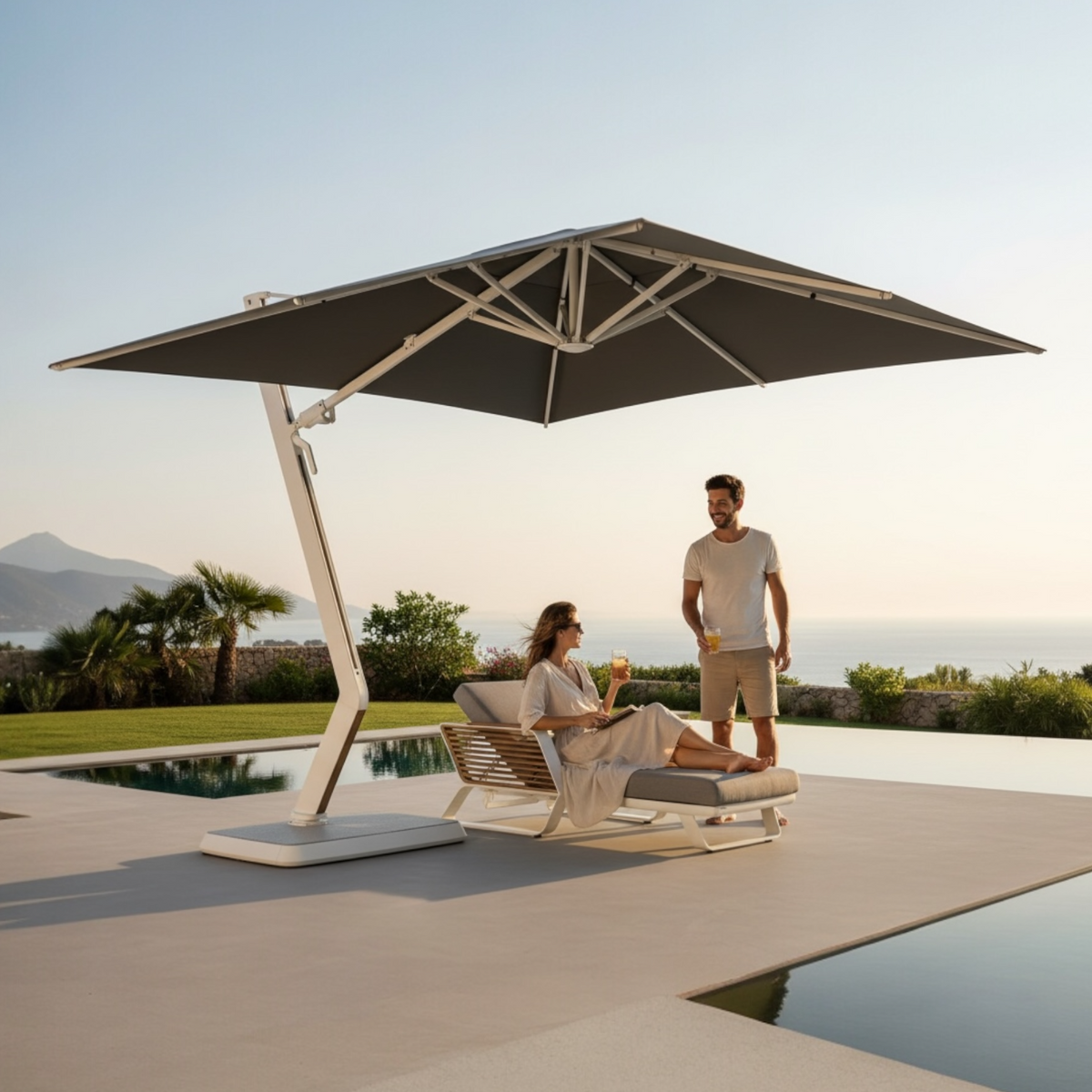 Aily white aluminum 3 x 3 m cantilever umbrella – shown outdoors (2)