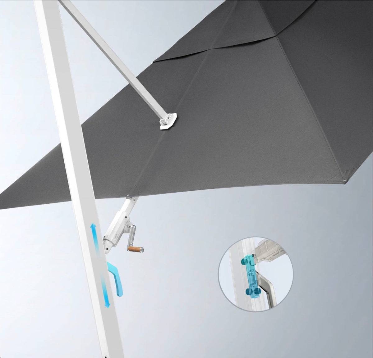 Aily white aluminum 3 x 3 m cantilever umbrella – close-up detail (2)