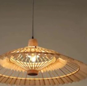 Rattan fan pendant light, shown lit (3)