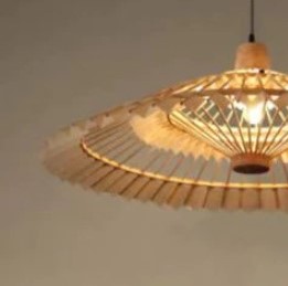 Rattan fan pendant light, shown lit (2)