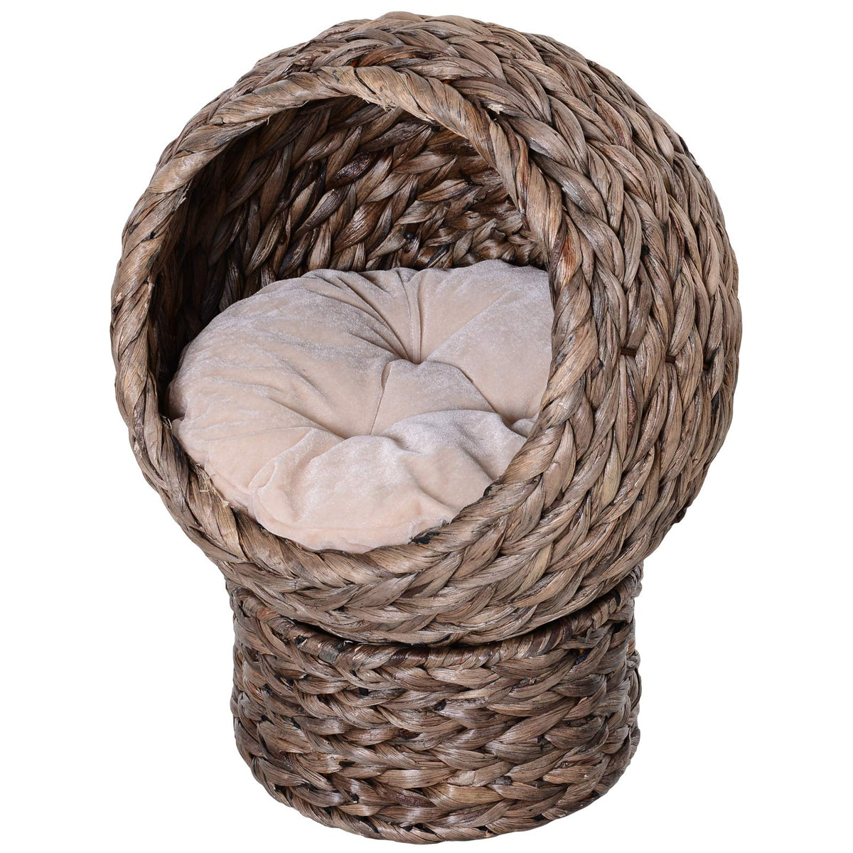 Natural rattan cat tree with a cushioned round basket