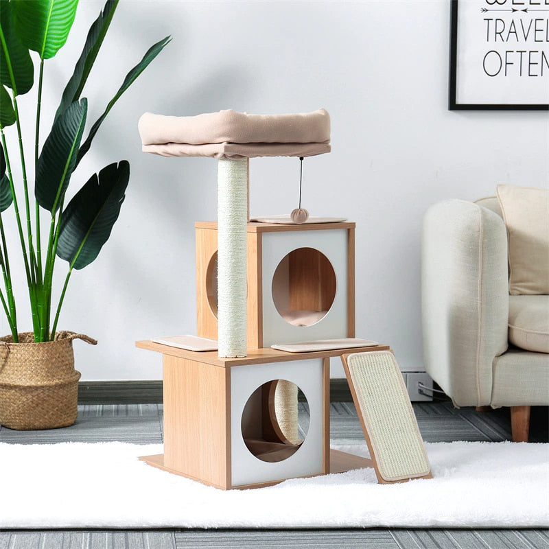 Mushroom-shaped rattan cat scratcher with twine trunk – shown in a room setting
