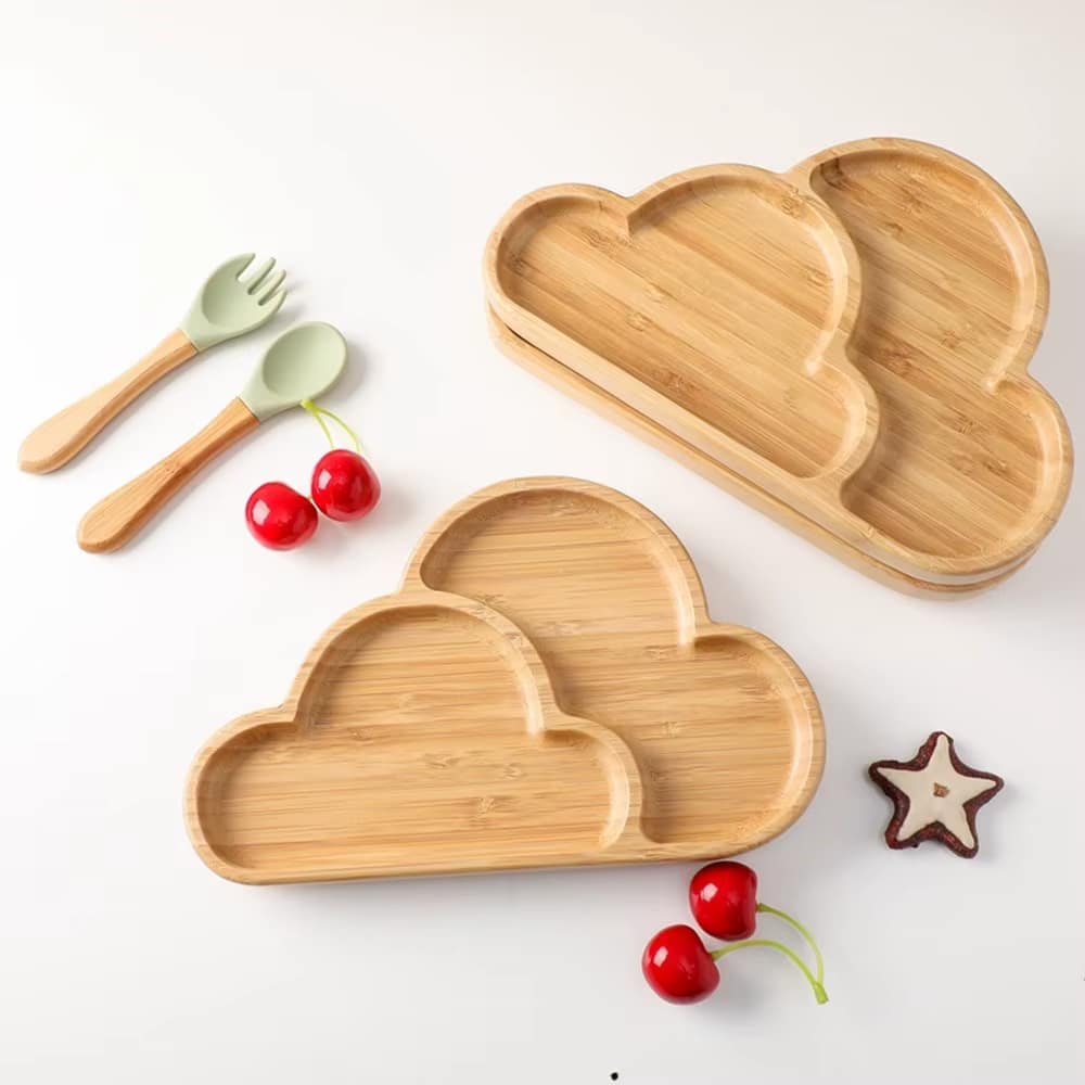 Cloud-shaped bamboo plate with rounded edges – multiple views