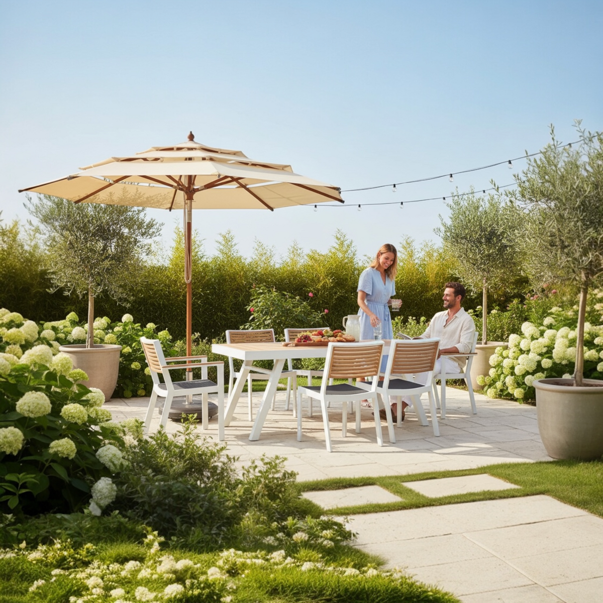 York white aluminum and teak dining set for six, 200 x 90 cm table – shown outdoors (2)