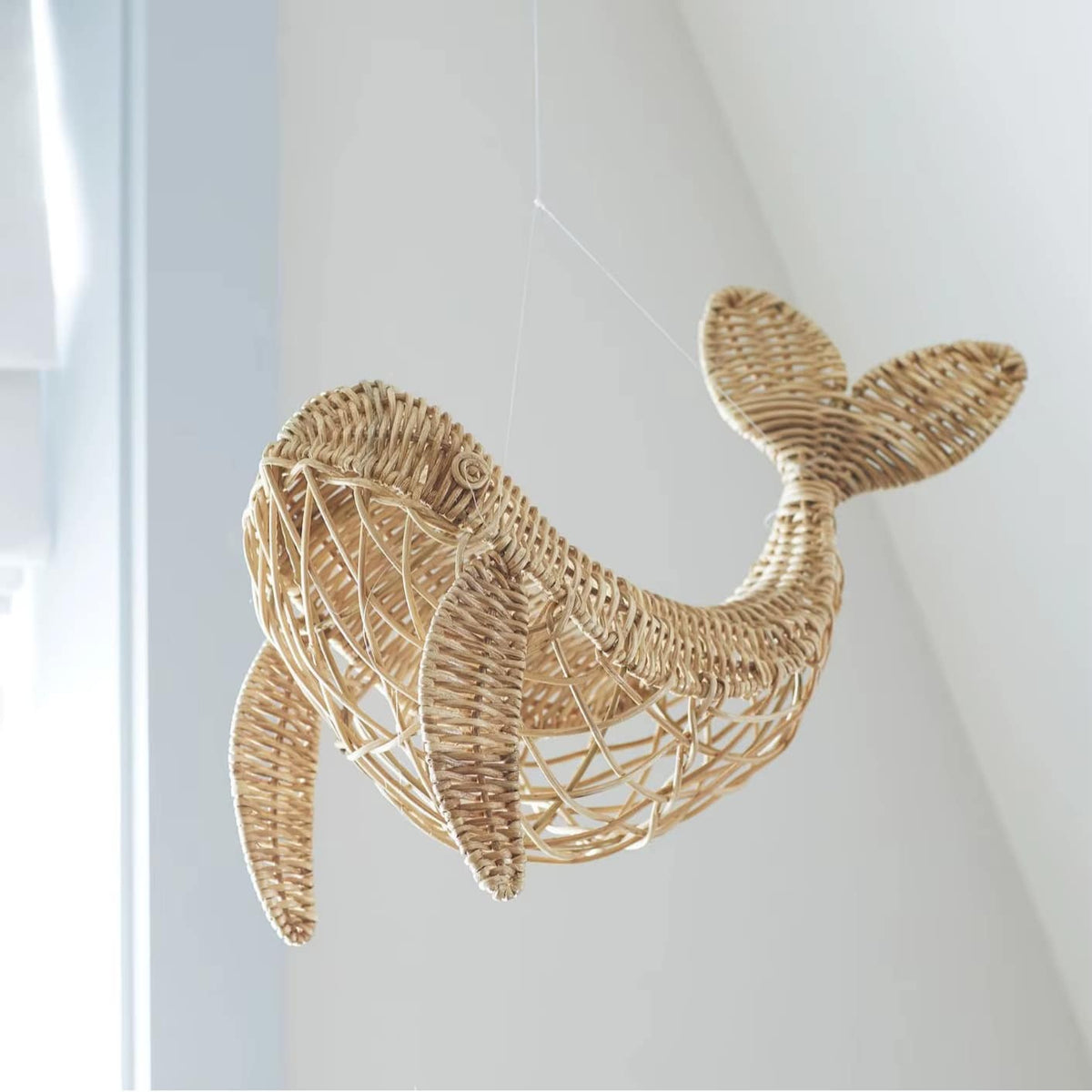 Hanging hand-braided rattan whale decor – another view